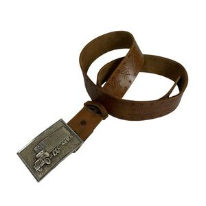 Vintage Brown Star Embossed Leather Belt with Semi Truck Metal Buckle